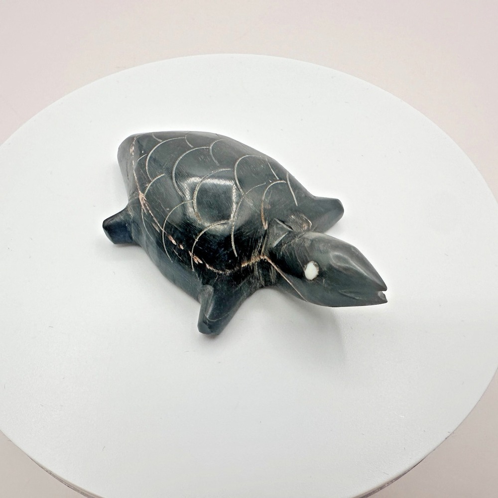 Vintage 90s Black Turtle Figurine Inlay Eyes Hand Carved Home Decor Accessories